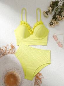 SHEIN Swim 女士纹理装饰细肩带比基尼 夏季 - 黃色 - 查看 3