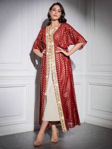 Divindia Burgundy Red Kurta With Embossed Gold Dot Print And Woven Tape Embellishment