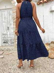 SHEIN Clasi Plus Size Polka Dot Print Halterneck Sleeveless Dress - Navy Blue - View 2