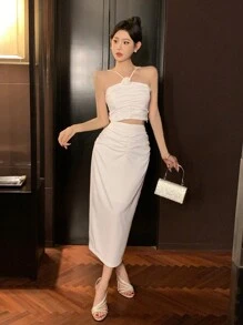 DAZY 女士 2 件套包括露背吊带背心和百褶裙舞会 - 白色 - 查看 7