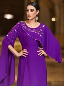 Al Najma Purple Heavyweight Split Sleeves Modest Arabian Dress Elegant Luxury Long Sleeve Kaftan - Red Violet - View 4