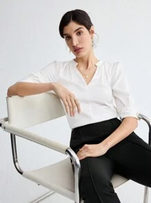 BizChic 女式缺口领肘袖衬衫，都市通勤办公室商务休闲优雅正式衬衫上衣 - 白色 - 查看 6