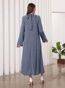 Al Najma Arabic Long Sleeve Dress With Twist Knot At The Collar - Blue - View 2