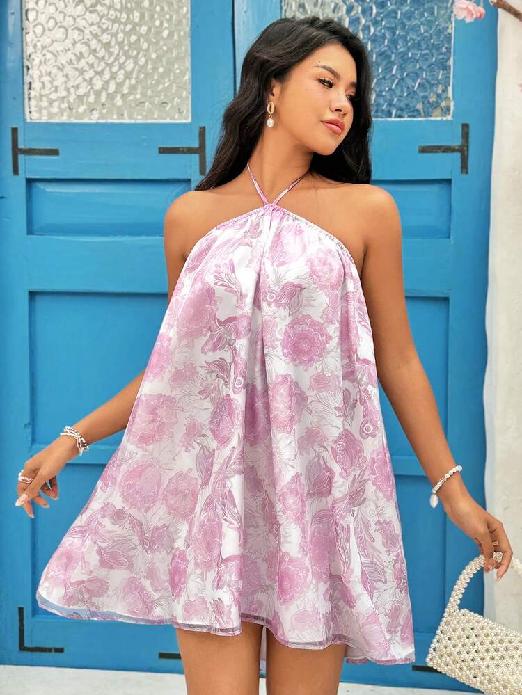 Holiday Floral Print Backless Halter Neck Dress