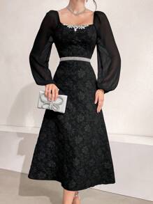 Modelyn 花卉提花方领灯笼袖连衣裙，优雅晚会长裙 - 黑色 - 查看 4