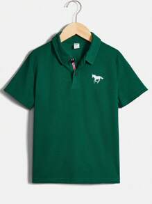 SHEIN 適合青少年男孩夏季休閒風格的馬紋短袖Polo衫 - 墨綠色 - 查看 1