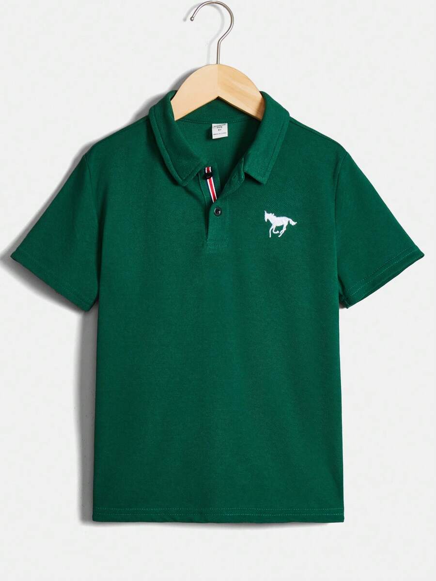 SHEIN 適合青少年男孩夏季休閒風格的馬紋短袖Polo衫 - 墨綠色 - 查看 1