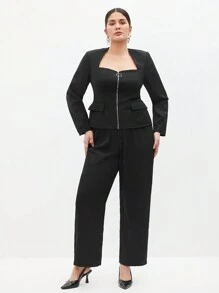 BizChic Conjunto De Top De Manga Larga Con Cremallera Frontal Y Pantalones De Talla Grande - Negro - Ver 3