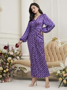 Modelyn Ladies' Paisley Printed Twist Knot Arab Dress Long Evening Dresses - Purple - View 4