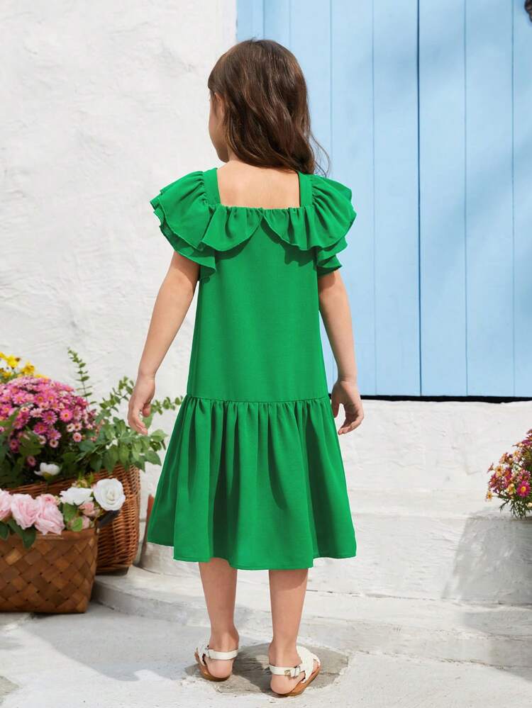 Young Girls' Woven Solid Color Loose Fit Casual Dress With Ruffled Hemline