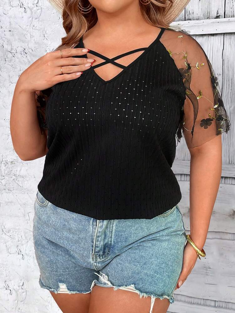 Plus Size Women's Embroidery Mesh Splice Criss Cross Neckline Top