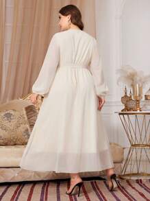Modelyn Fashionable Color Block V-Neck Lantern Sleeve Long Dress Long Evening Dresses - Apricot - View 3