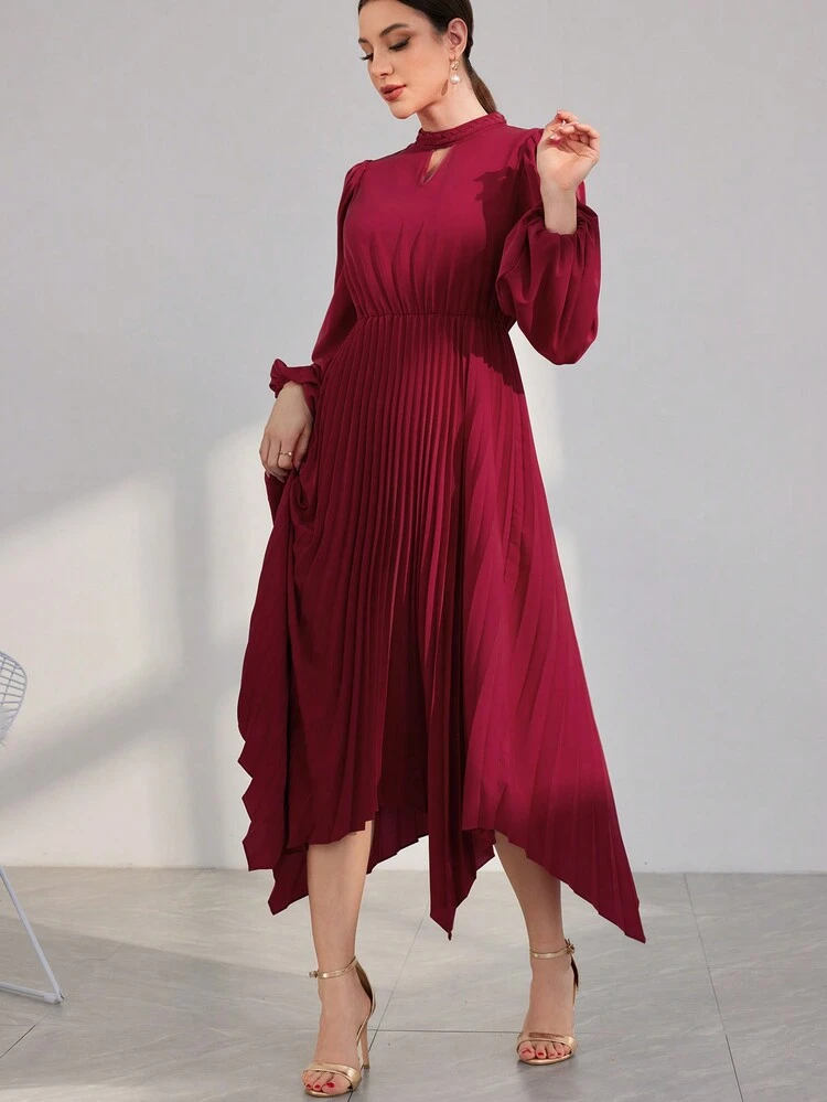 Women's Lantern Sleeve Dress With Ruffled Hem And Keyhole Neckline Long Evening Dresses