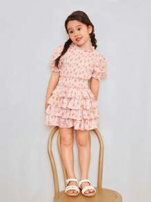 SHEIN Young Girl Casual Puff Sleeve Top With Stand Collar, 2pcs/Set - Pink - View 3
