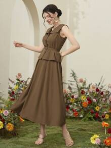 Modelyn 女士优雅两件套，包含一件前扣无袖上衣和一条飘逸的裙子 2 件套 - 卡其色 - 查看 5