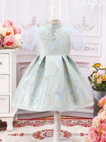 SHEIN Young Girl Jacquard Puff Sleeve Dress With Wide Hem - Mint Green - View 1
