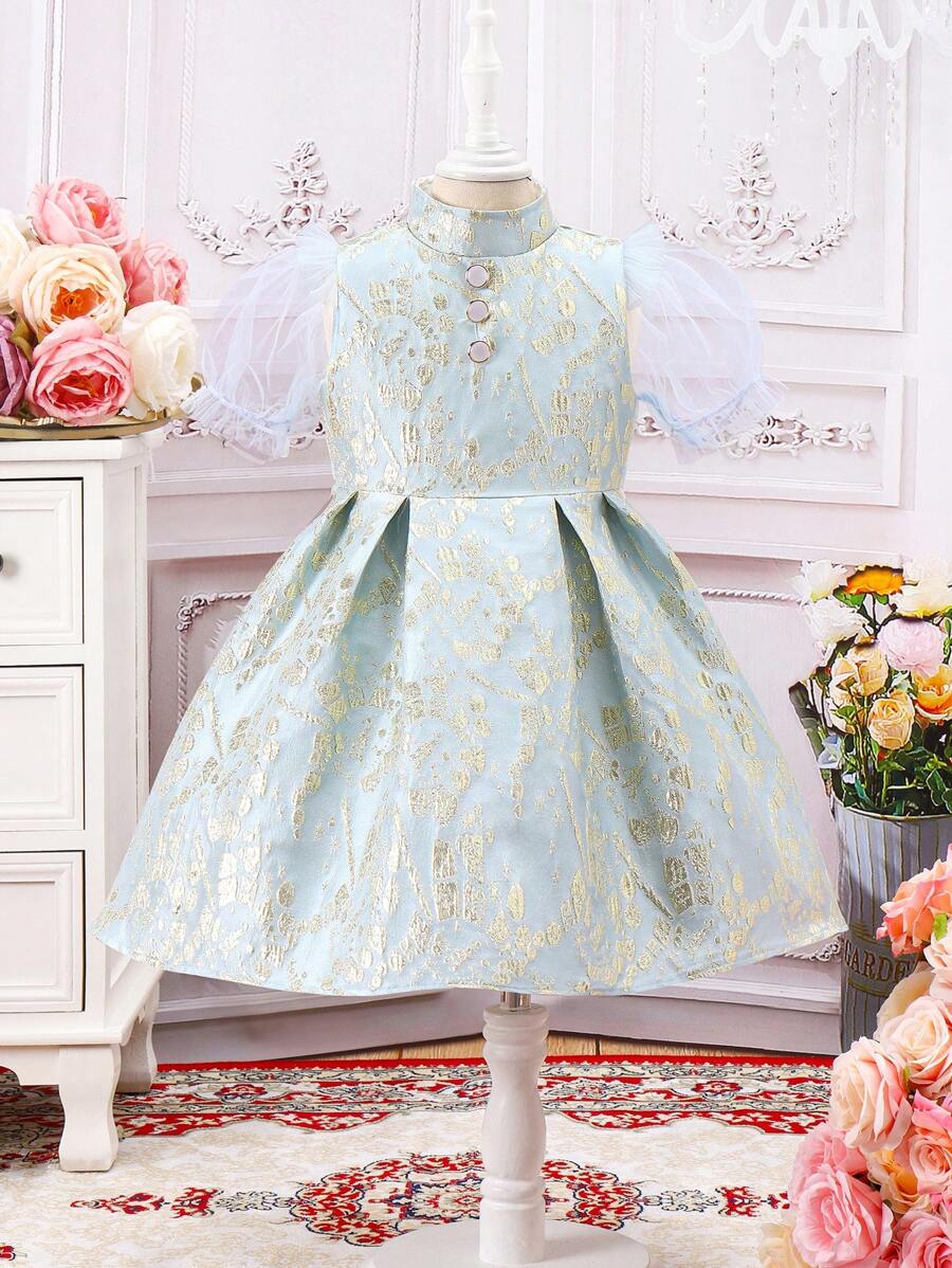 SHEIN Young Girl Jacquard Puff Sleeve Dress With Wide Hem - Mint Green - View 1