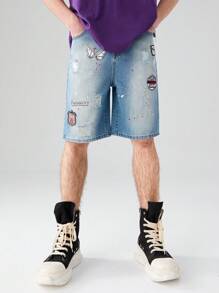 Teen Boy's Cool Streetwear Retro Wash Half Elastic Waistband Denim Shorts With Patch Details - Light Wash - View 4