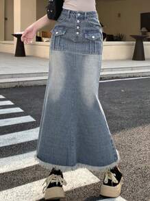 DAZY Women's Denim Skirt With Frayed Hem And Pocket Design - Blue - View 4