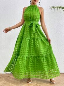 Breezaya Vestido Largo Sin Mangas De Un Solo Color Con Cuello Alto - Verde - Ver 5