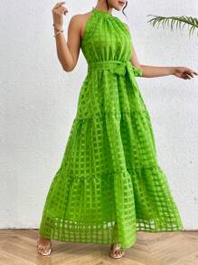 Breezaya Vestido Largo Sin Mangas De Un Solo Color Con Cuello Alto - Verde - Ver 6