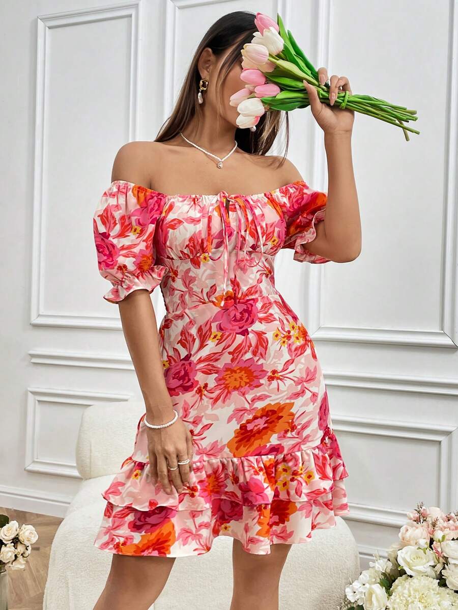 SHEIN Unity Floral Print Off Shoulder Puff Sleeve Layered Ruffle Hem Dress For New Year Clothes