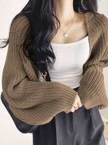 DAZY 女式長袖短款針織罩衫,開襟設計 - 卡其色 - 查看 3