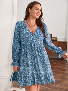 SHEIN Frenchy Kích thước lớn Của phụ nữ Hoa In Xù Hoa Sen Đầm - Màu xanh lam - Xem 1