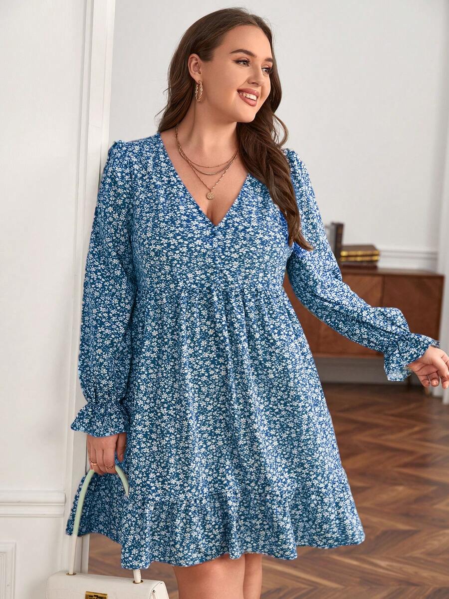 SHEIN Frenchy Kích thước lớn Của phụ nữ Hoa In Xù Hoa Sen Đầm - Màu xanh lam - Xem 1