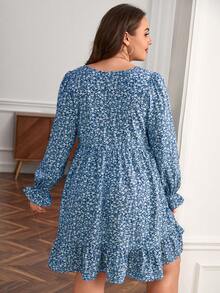 SHEIN Frenchy Kích thước lớn Của phụ nữ Hoa In Xù Hoa Sen Đầm - Màu xanh lam - Xem 2