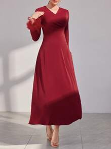 Modelyn Burgundy Red Women's Feather Patchwork Fur Cuff Arabic Style Dress,Elegant Evening Party Dress Long Evening Dresses - Burgundy - View 4