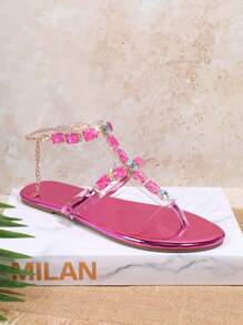 SHUZIA 女式度假用寶石裝飾純色熱粉色拖鞋 - 玫紅色 - 查看 2
