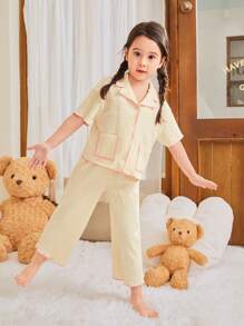 SHEIN Young Girl Colorblock Edge Detail Short Sleeve Button-Up Shirt & Wide Leg Pants Homewear Set With Pockets - Apricot - View 2