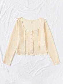 Dreamara Plus Size Women's Big Scoop Neck Buttoned T-Shirt - Apricot - View 4