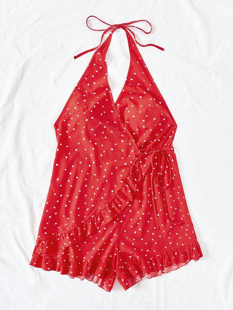 Dreamara Monos con dobladillo de volantes con estampado de corazones para mujeres de talla grande - Rojo - Añade 4