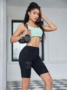 黑色破洞毛边牛仔短裤 - 黑色 - 查看 5