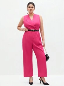 BizChic Plus Size Plain Sleeveless Jumpsuit - Hot Pink - View 8