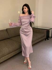 DAZY 女士荷叶边喇叭袖时尚长连衣裙，荷叶边下摆，生日、新年、舞会礼服，秋季长袖连衣裙，婚纱，优雅女士连衣裙