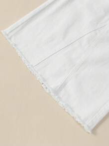 SHEIN Explorewe Tween Girl Retro Street Style Denim Skirt With Frayed Hem, Waist Belt, Loose & Comfortable Fit, School, Campus, College - White - View 3