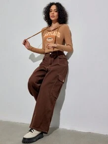 Forever 21 女式連帽短款t卹,帶束繩和字母印花 - 卡其色 - 查看 5