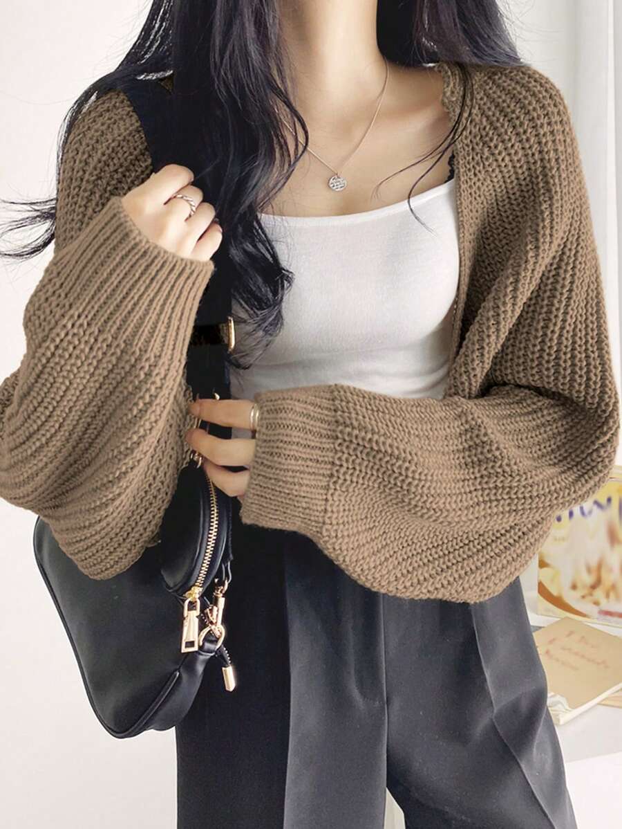 DAZY 女式長袖短款針織罩衫,開襟設計 - 卡其色 - 查看 1