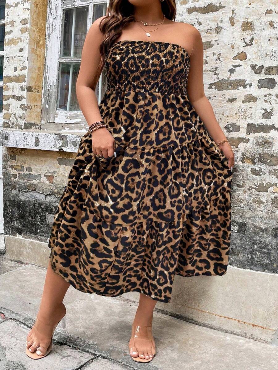 SHEIN CURVE+ 大尺碼豹紋抹胸連身裙 - 棕色 - 查看 1