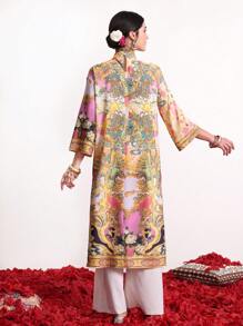 Divindia Loose Split Kurta With Stand Collar, Printed Style Indian - Multicolor - View 2