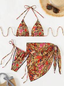 Swim SXY Summer Beach Women's Floral And Leopard Print Halter Neck Bikini Set