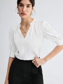 BizChic 女式缺口领肘袖衬衫，都市通勤办公室商务休闲优雅正式衬衫上衣 - 白色 - 查看 9