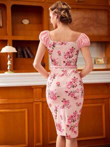 Vintamour 玫瑰印花泡泡袖短袖紧身连衣裙配腰带复活节女士连衣裙夏装 - 粉色 - 查看 2