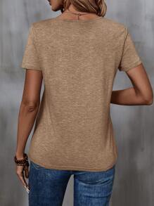 EMERY ROSE Của phụ nữ Mặt trước Mở rộng Xếp li Ngắn tay Áo thun - Màu Khaki - Xem 2