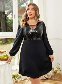 Celure Plus Size Sequin Mesh Contrast Lantern Sleeve Dress Fall Cloth For Women