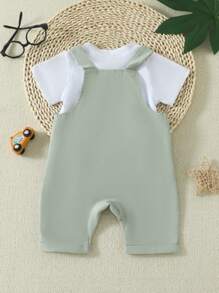 SHEIN Vintaside Kids 寶寶男孩春夏淺灰綠色單件連身衣,可愛字母刺繡,日常休閒裝必備 - 彩色 - 查看 2