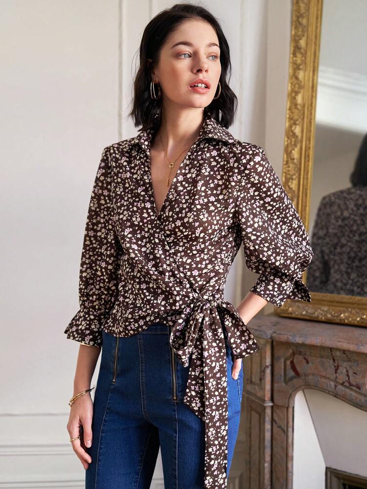 Floral Print Wrap Front Tie Detail Shirt Winter Vacation Flower